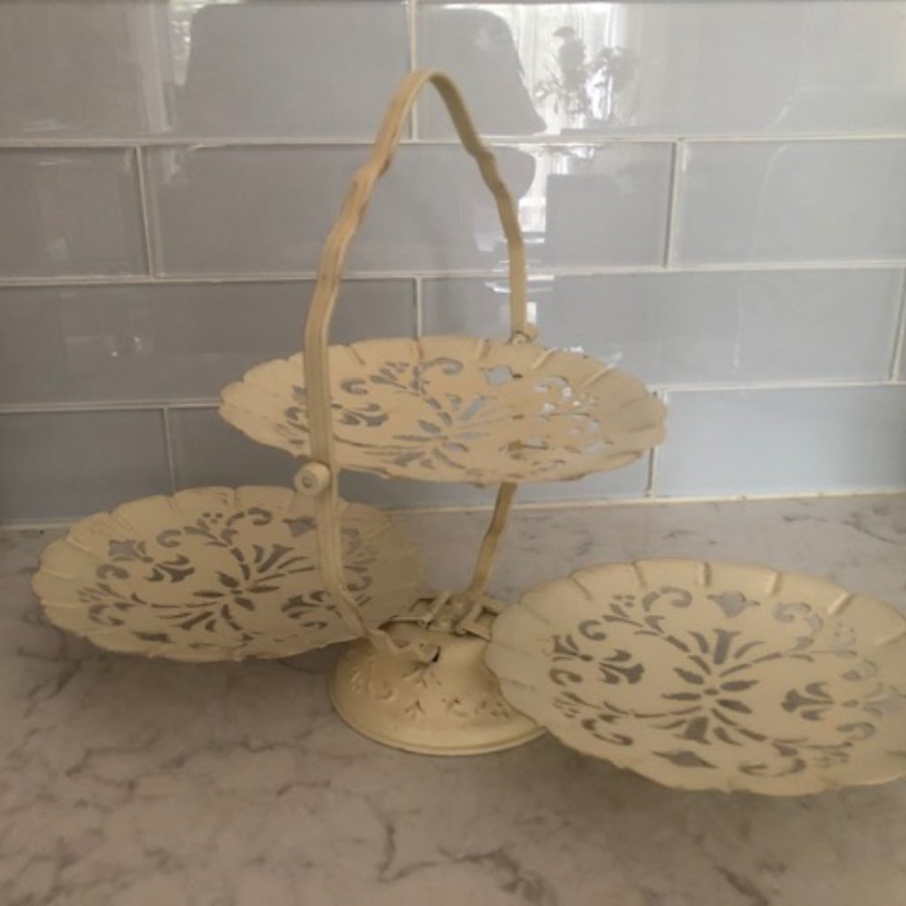 Vintage folding metal tray. Serving dish. 3 Tier Metal Filagree Tray